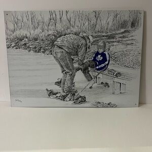 Original Tin Sketch Art, Little boy in Toronto MapleJersey w/ dad by Janet Nash